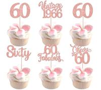 30 Pack Happy 60th Birthday Cupcake Toppers Glitter Hello 60 Sixty Vintage 1966 Cupcake Picks Cheers to 60 Party Decorations for 60th Birthday Anniversary Party Cake Decorations Rose Gold