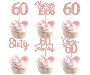 30 Pack Happy 60th Birthday Cupcake Toppers Glitter Hello 60 Sixty Vintage 1966 Cupcake Picks Cheers to 60 Party Decorations for 60th Birthday Anniversary Party Cake Decorations Rose Gold
