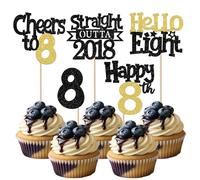 30 Pack Happy 8th Birthday Cupcake Toppers Glitter Eight Straight Outta 2018 Cupcake Picks Cheers to 8 Years Cake Decorations for Baby Shower Boys Girls Kids 8th Birthday Party Supplies Black Gold
