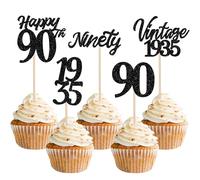 30 Pack Happy 90th Birthday Cupcake Toppers Cheers to 90 Vintage 1935 Cupcake Picks Hello 90 Ninety 90th Birthday Decorations for 90th Wedding Anniversary Birthday Party Cake Decorations Black