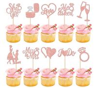 30 Pack He Asked She Said Yes Cupcake Toppers Glitter Wedding Engagement Cupcake Picks Miss to Mrs Love Heart Ring Miss to Mrs Cake Decorations for Wedding Engagement Party Supplies Rose Gold