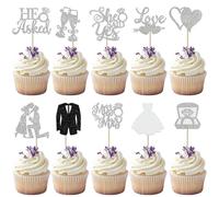 30 Pack He Asked She Said Yes Cupcake Toppers Gold Glitter I Do Love Heart Ring Miss To Mrs Cupcake Picks Bridal Shower Cake Decorations for Wedding Engagement Bachelorette Party Supplies Silver
