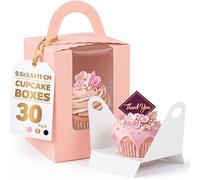 30 Pack Individual Cupcake Boxes with Window & Handle (3.7"x3.7"x4.3"), Sturdy Single Muffin Holders with Secure Inserts, Soft Pink Bakery Treat Boxes for Wedding, Birthday, Graduation Party Favours