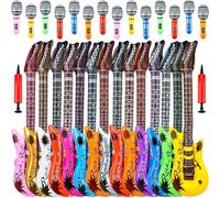 30 Pack Inflatable Rock Star Toy Set include 14 Pcs Inflatable Guitar Bulks 14 Pcs Blow up Microphone and 2 Pcs Red Air Pump for 80s 90s Musical Party Favors
