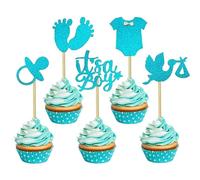 30 Pack It's a Boy Cupcake Toppers - Glitter Cupcakeake Picks Cake Decorations for Baby Shower Boy Birthday, Blue Theme Party Supplies