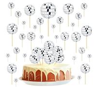 30-Pack Mini Disco Balls Cake Toppers - Disco Theme Cake Decoration with Bamboo Sticks for Cake Dessert Toppers (Silver)