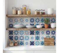 30 Pack Moroccan Tile Stickers, 4x4 Inch Peel and Stick Backsplash, Blue and Gold Boho Mandala Decals for Kitchen & Bathroom
