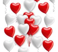 30 Pack Red and White Heart Balloons 10 Inch Romantic Latex Heart-Shaped Balloons for Valentine's Day Weddings Anniversaries Love Celebrations