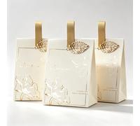 30 Pack Small Gift Bags with Handles, 5.1"x3.9"x2.6" Cream White Embossed Peony Favor Boxes, Paper Gift Boxes with Leather Strap & Gold Leaf Charm for Party,Wedding Bridal Shower(Gold foil tree Peony