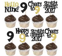 30 Pack Straight Outta 2017 Cupcake Toppers Glitter Black Gold Hello Nine Happy 9th Birthday Cupcake Picks Cheers to 9 Years Cake Decorations for Baby Shower Boys Girls 9th Birthday Party Supplies