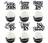 30 Pack Vintage 2008 Cupcake Toppers Glitter Happy 18th Eighteen Awesome Since 2008 Cupcake Picks Sweet 18 Cake Decorations for 18th Birthday Wedding Anniversary Party Supplies Black