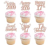 30 Pack Vintage 2009 Cupcake Toppers Glitter Happy 17th Seventeen Awesome Since 2009 Cupcake Picks Sweet 17 Cake Decorations for 17th Birthday Wedding Anniversary Party Supplies Rose Gold