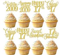 30 Pack Vintage 2009 Cupcake Toppers Glitter Happy 17th Seventeen Awesome Since 2009 Cupcake Picks Sweet 17 Cake Decorations for 17th Birthday Wedding Anniversary Party Supplies Gold
