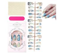 30 Pcs 3D Ocean False Nails Almond,Summer Aesthetic Gel False Nails with Shell Starfish Designs, Full Cover Acrylic Nails with Nail File & Nail Sticky Tabs