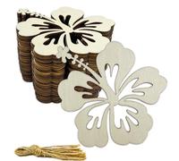 30 Pcs 4 Inch Unfinished Wood Hibiscus Flower Cutouts DIY Crafts Wooden Hibiscus Shaped Hanging Ornaments with Hole Hemp Ropes for Easter Spring Party Decoration