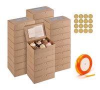 30 PCS Bakery Boxes with Window, Kraft Donut Boxes, Cookie Boxes for Gift Giving with Stickers and Orange Ribbon, Brown Pastry Boxes for Treats, Cupcakes, Afternoon Tea & Party Favours 21.5x13.5x5 cm