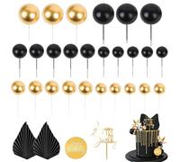 30 Pcs Ball Cake Toppers, Black and Gold Cake Decorations, Boho Happy Birthday Cake Toppers, Mini Balloon Cake Insert Toppers for Birthday Boho Wedding Baby Shower Party Supplies