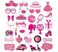 30 Pcs Barbie Party Photo Booth Props, Selfie Photo Booth Props Barbie, Hot Pink Princess Birthday Party Supplies, Glitter Birthday Party Photo Props for Girls Dress Up, Birthday Party Decor for Women