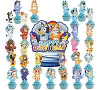 30 Pcs Blue Dog Cake Toppers for Boys Girls, Cake Decorations Cupcake Toppers, Birthday Party Supplies