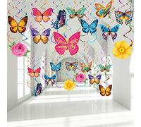 30 Pcs Butterfly Flowers Hanging Swirl Decorations Summer Butterfly Floral Baby Shower Foil Ceiling Streamers for Women Girl Kids Wedding Birthday Mother's Day 1st Birthday Party Supplies (Elegant)