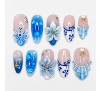 30 Pcs Carved Almond Blue Pink Summer False Nails Set - Medium Length 3D Ocean Embossed Designs, Handcrafted Press on Nails with Tools & File for Beach Art, Reusable Art Kit for Women,