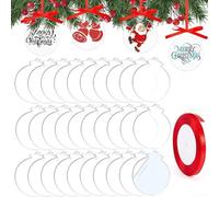 30 Pcs Christmas Bauble Clear Acrylic Disc Ornaments 7.5 ×7.5 cm Round Christmas Ornaments with Ribbon Flat Baubles for Craft, Clear Blank Acrylic Christmas Disc