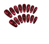 30 Pcs Dark Red Glitter False Nails Almond,Black Wine Red Cateye Press on Nails,Sparkly Shiny Fake Nails Press ons,Blood Red Gothic Sparkly Stick on Nail for Women