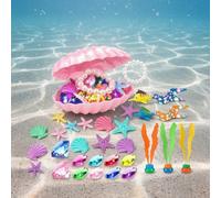 30 Pcs Diving Pool Toys with Pirate Treasure Chest, Large Colorful Sinking Gems for Underwater Swimming Games, Summer Water Fun, Acrylic Diamond and Animal Jewels Set