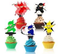 30 PCS Double-Sided Ninja Cupcake Toppers Black Red Green Yellow Blue Ninja Cupcake Picks Cake Decorations for Ninja Theme Baby Shower Kids Boys Girls Birthday Anniversary Party Decorations Supplies.