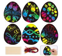 30 Pcs Easter Scratch Art Egg Decorations Papers - Easter Crafts Egg Rainbow Magic Scratch Painting for Kids, Essentials Easter Party Bag Fillers with 10 Wood Stylus & 30 Ribbons for Party Decoration
