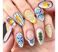 30 Pcs Fake Nails, Blue French Tip 3D Goldfish & Lemon Designs