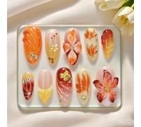 30 Pcs Fall Press on Nails Medium Almond French Tip Fake Nails with 3D Gold Starfish Rhinestones Design Gold Maple Leaf Hibiscus False Nails Orange Acrylic Autumn Thanksgiving Stick on Nail for Women