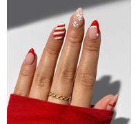 30 Pcs Frcnch Tip False Nails Almond Shape Full Covers Stick On Nails Christmas Press On Nails With Bows Designs