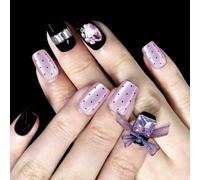30 Pcs Full Covers Stick on Nails with Rhinestones Bows False Nails Glossy Press On Nails Cats Eye Artificial Nails