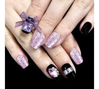 30 Pcs Full Covers Stick On Nails With Rhinestones Bows False Nails Glossy Press On Nails Cats Eye Artificial Nails