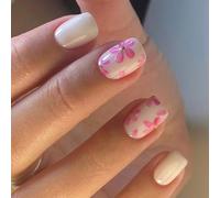 30 Pcs Glossy Full Covers False Nails Short Square Press on Sweet Flowers Stick on Color Acrylic