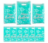30 Pcs Green Silver Happy Birthday Gift Bags with handles,Plastic Tote Bags, Reusable Snack Treat Goody Candy Bag - Birthday Theme Party Favor Bags Party Supplie