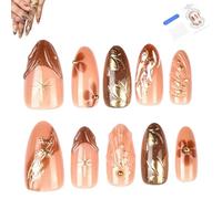 30 Pcs Handcrafted Almond Press-On Nails Set, Almond-Shaped Nail Art Floral And Maple Leaf Brown Nail, for Fall And Winter (2 set)