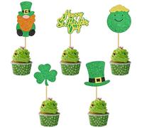 30 Pcs Happy St Patricks Day Cupcake Toppers, Saint Patrick's Day Glitter Shamrock Cupcake Toppers, Three Leaf Clover Cake Picks for St Patrick's Day's Party Decorations