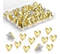 30 Pcs Heart Push Pins with Storage Box, Cute Decorative Thumb Tacks, Cork Board Pins for Home Office Classroom Photo Wall Map Memo Poster (Gold)