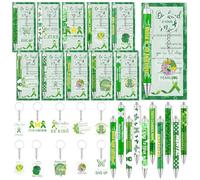 30 Pcs Mental Health Awareness Ballpoint Pen Green Ribbon Inspirational Keychain with Motivational Cards Bags Cancer for Public Charity Events Favor Fundraising Dinners Benefit Walk Classroom