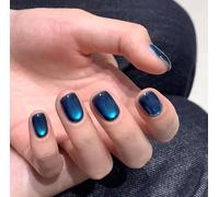 30 PCS Midnight Teal Chrome Press on Nails - Short Square Shape Mirror Cat Eye Holographic Glow Finish - Mystical Ocean Mood Transparent Base Minimalist Day Look for Women