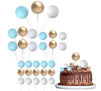 30 Pcs Mini Balloon Cake Topper, Blue and Gold Foam Balls Cake Decorations, DIY Foam Ball Pearl Ball Cupcake Topper for Baby Shower Wedding Anniversary Birthday Party (White&Gold&Blue)