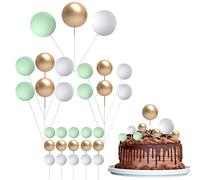 30 Pcs Mini Balloon Cake Topper, Green and Gold Foam Balls Cake Decorations, DIY Foam Ball Pearl Ball Cupcake Topper for Baby Shower Wedding Anniversary Birthday Party(White&Gold&Green)