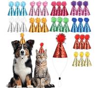 30 Pcs Mini Party Hats for Pets, Cat and Dog Birthday Cone Hats with Elastic Chin Strap, 10 Colors with Fluffy Pom Tops, Glitter Accessories for Pet Photos, Holiday Styling, Stuffed Animals