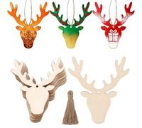 30 PCS Natural Wood Slice Deer Head Ornaments - Rustic Christmas Tree Pendants with Jute Strings - Handcrafted Wooden Decor for DIY Crafts & Holiday Home Decoration