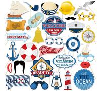 30 Pcs Nautical Themed Photo Booth Props Kit, Ahoy Boy Baby Shower Ocean World Wedding Party Decoration, Ship Anchor Nautical Sailor Captain Birthday Party Photography Supplies