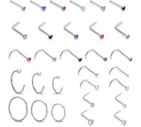 30 Pcs Nose Stud, Silver Nose Ring, Surgical Stainless Steel Nose Piercing Jewellery,L Shaped Stainless Steel Diamond Small Nose Rings with Cubic Zirconia for Women Men Gift (Multicolor)