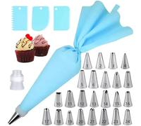 30 Pcs Piping Bags and Nozzles Set, 24 Stainless Steel Nozzles Tips with 1 Reusable EVA Piping Bag, 3 Scrapers, 1 Converter & 1 Storage Box, Baking Tools, for Cake, Dessert, Cookies Decoration (Blue)