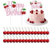 30 Pcs Realistic Artificial Cherries With Cherry Cake Toppers, Cherry Cake Decorations, Cherry Decorations, Ideal Cherry Themed Party Decorations For Dessert Displays.